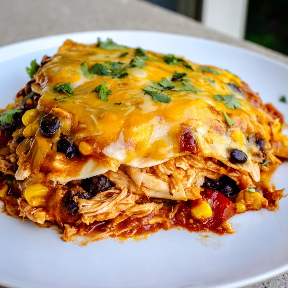 A warm, cheesy Chicken Enchilada Casserole, layered with red sauce, chicken, and corn tortillas.