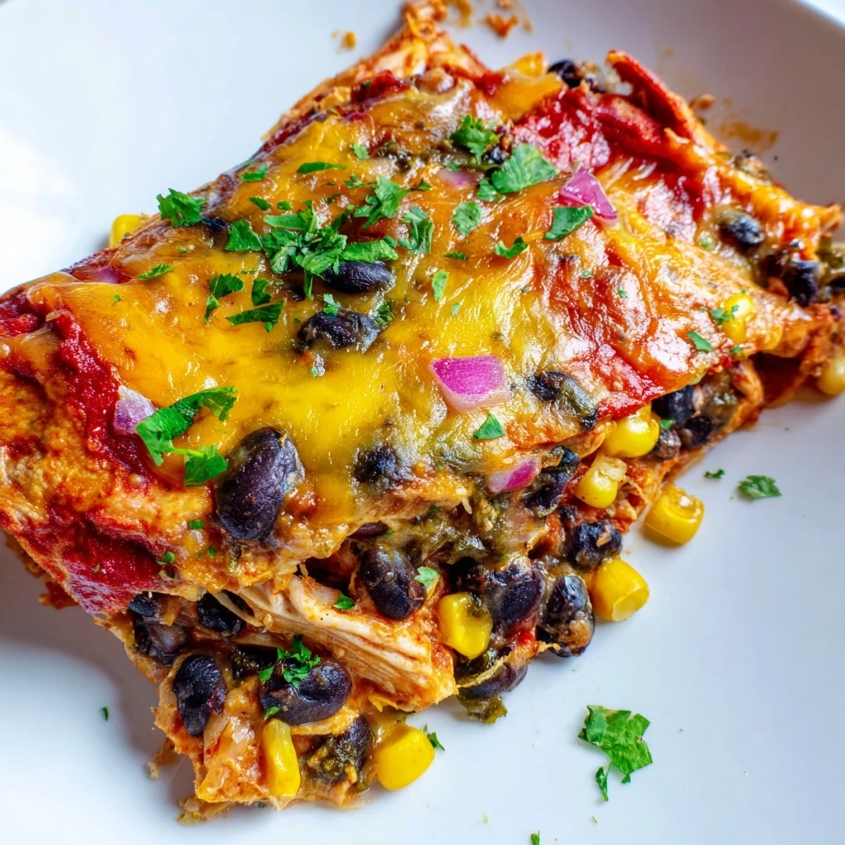Golden-brown melted cheese blankets this delicious Chicken Enchilada Casserole, ready to be served hot.