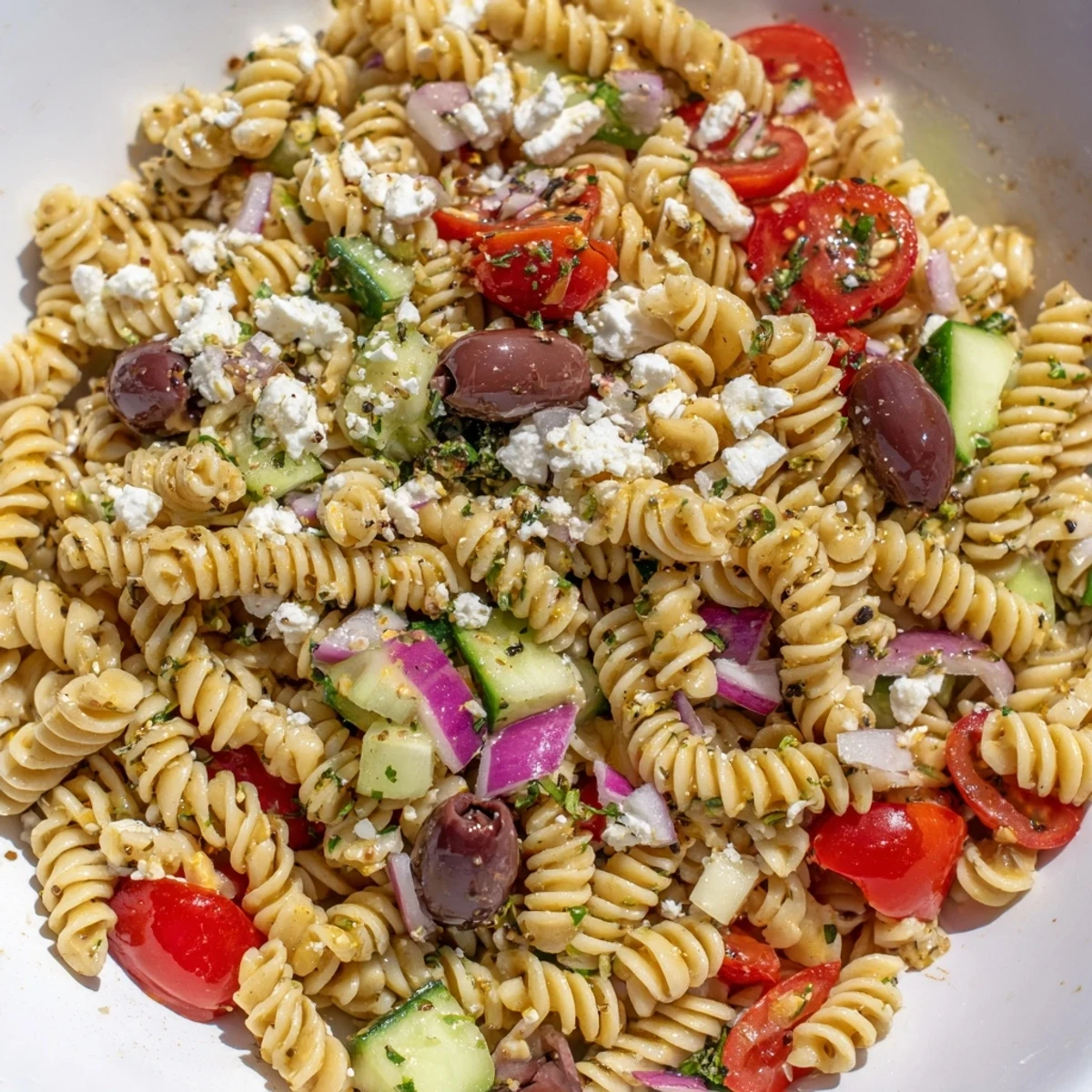 A large bowl of fresh Mediterranean Pasta Salad featuring Kalamata olives and crisp vegetables.
