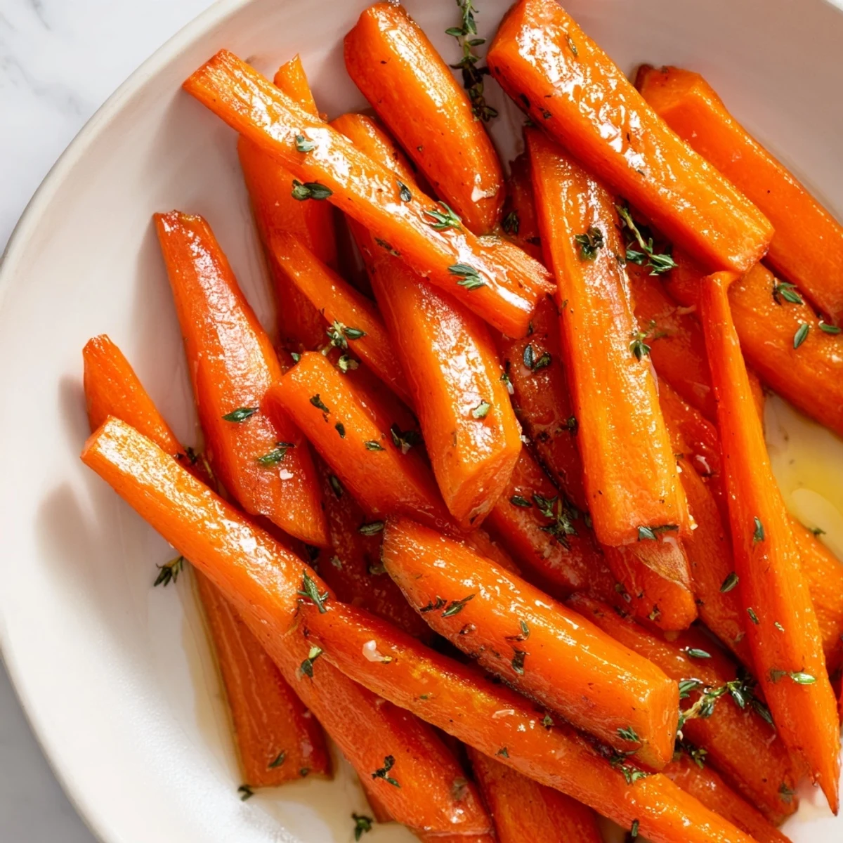 Golden brown roasted carrots with honey and thyme, glistening with a sweet, savory glaze.
