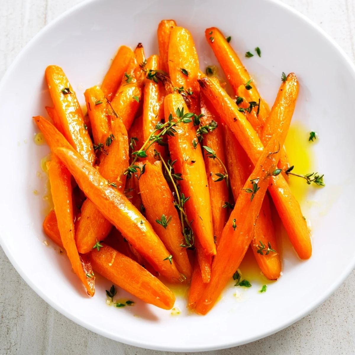 Close-up of vibrant, caramelized roasted carrots with honey and thyme, ready to serve.