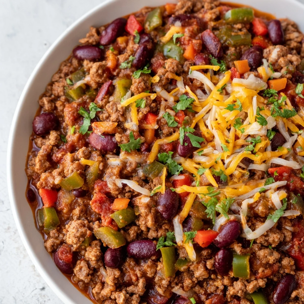 A close-up of a bubbling slow cooker full of richly spiced chili with ground beef.