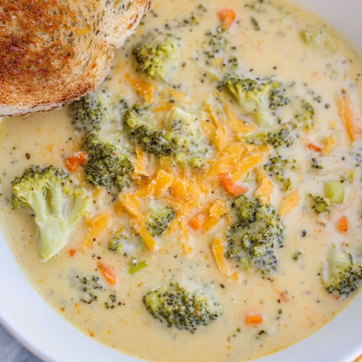 This warm bowl of Creamy Broccoli Cheddar Soup features a bright green hue, topped with golden-brown bread.