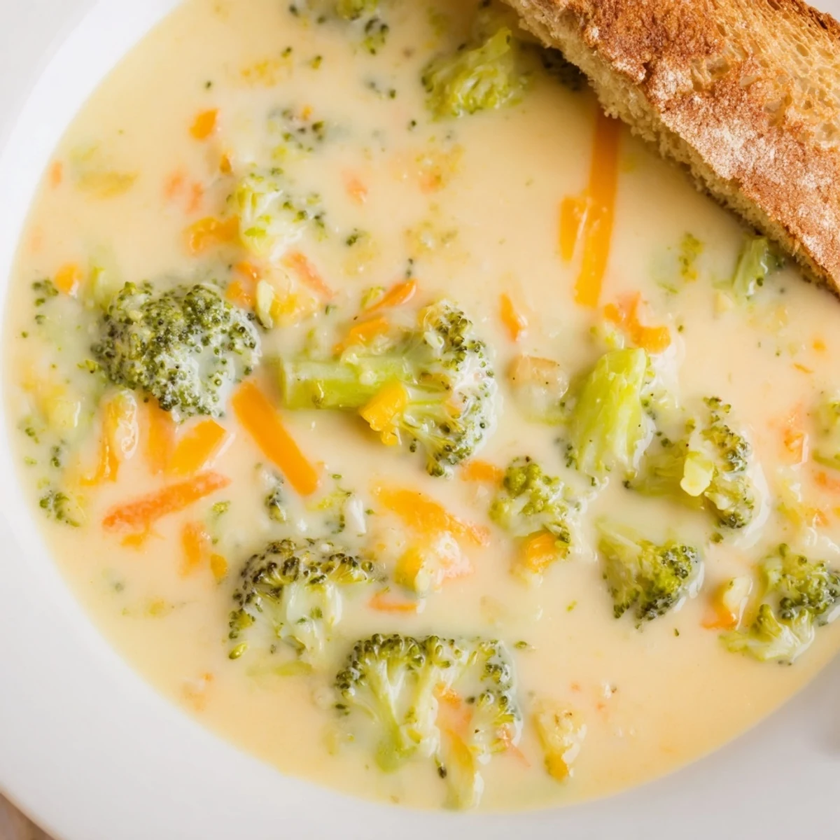 Creamy Broccoli Cheddar Soup, thick and rich with melted cheese, served alongside toasted bread.