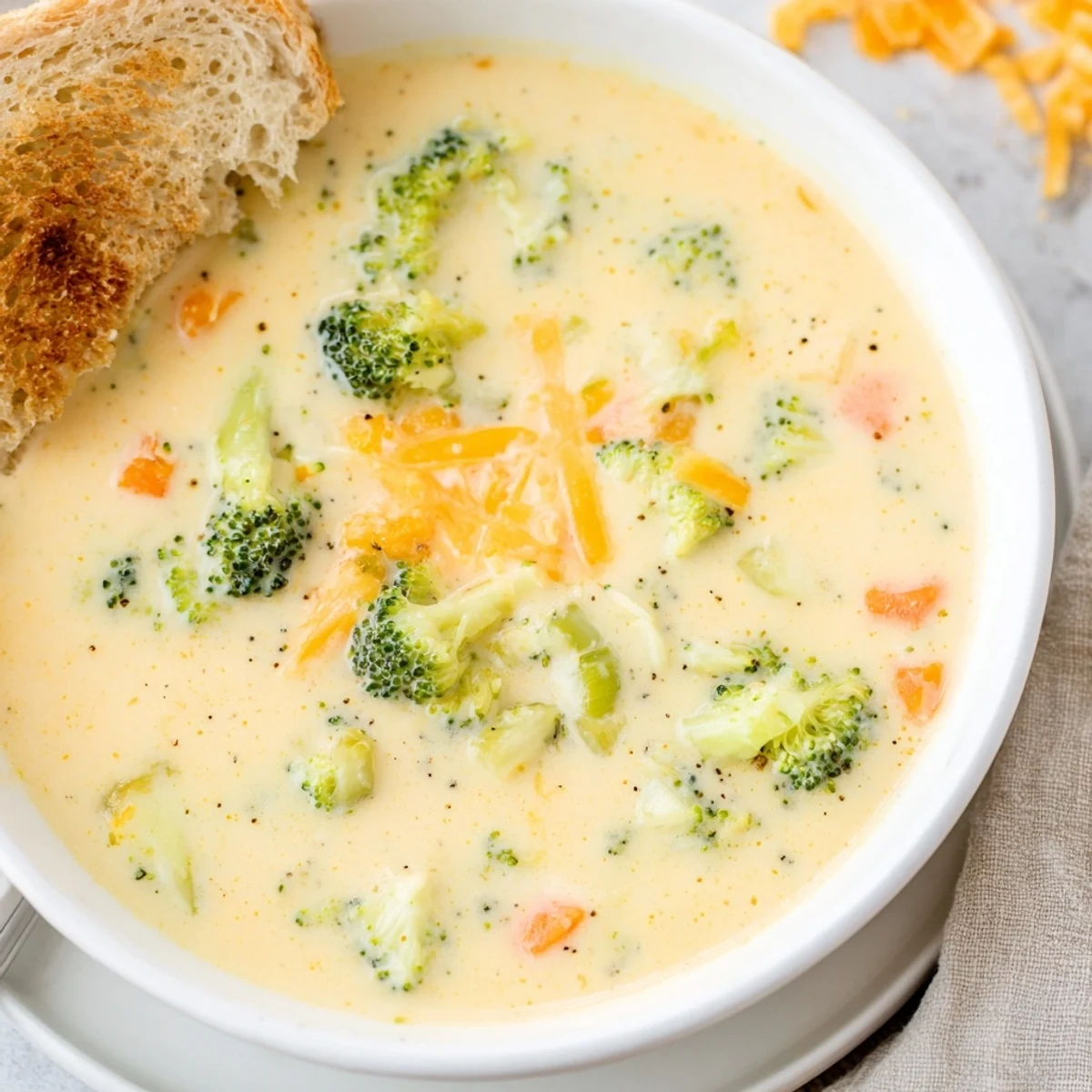 Imagine the savory scent of this Creamy Broccoli Cheddar Soup with a comforting, creamy texture and crusty bread.