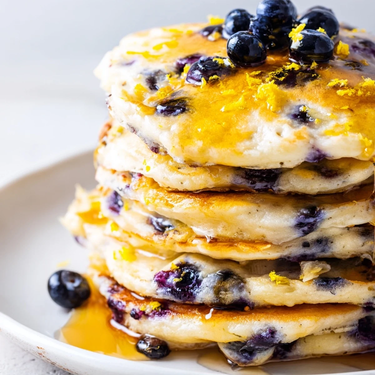Golden Lemon Blueberry Pancakes with syrup: A stack of fluffy pancakes with fresh blueberries ready to eat.