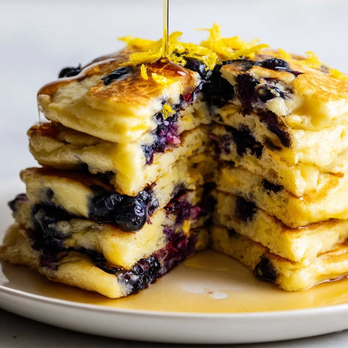 Delicious and bright: Warm Lemon Blueberry Pancakes, drizzled with sweet maple syrup, perfect for brunch.
