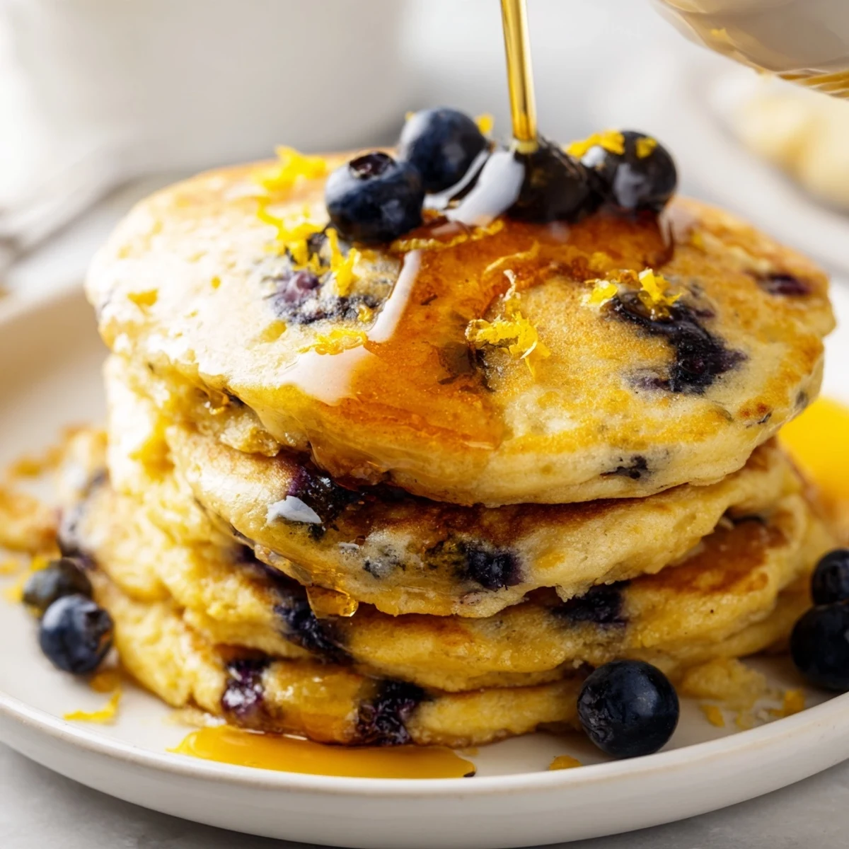 Fluffy Lemon Blueberry Pancakes topped with ripe blueberries, waiting to be enjoyed with butter.