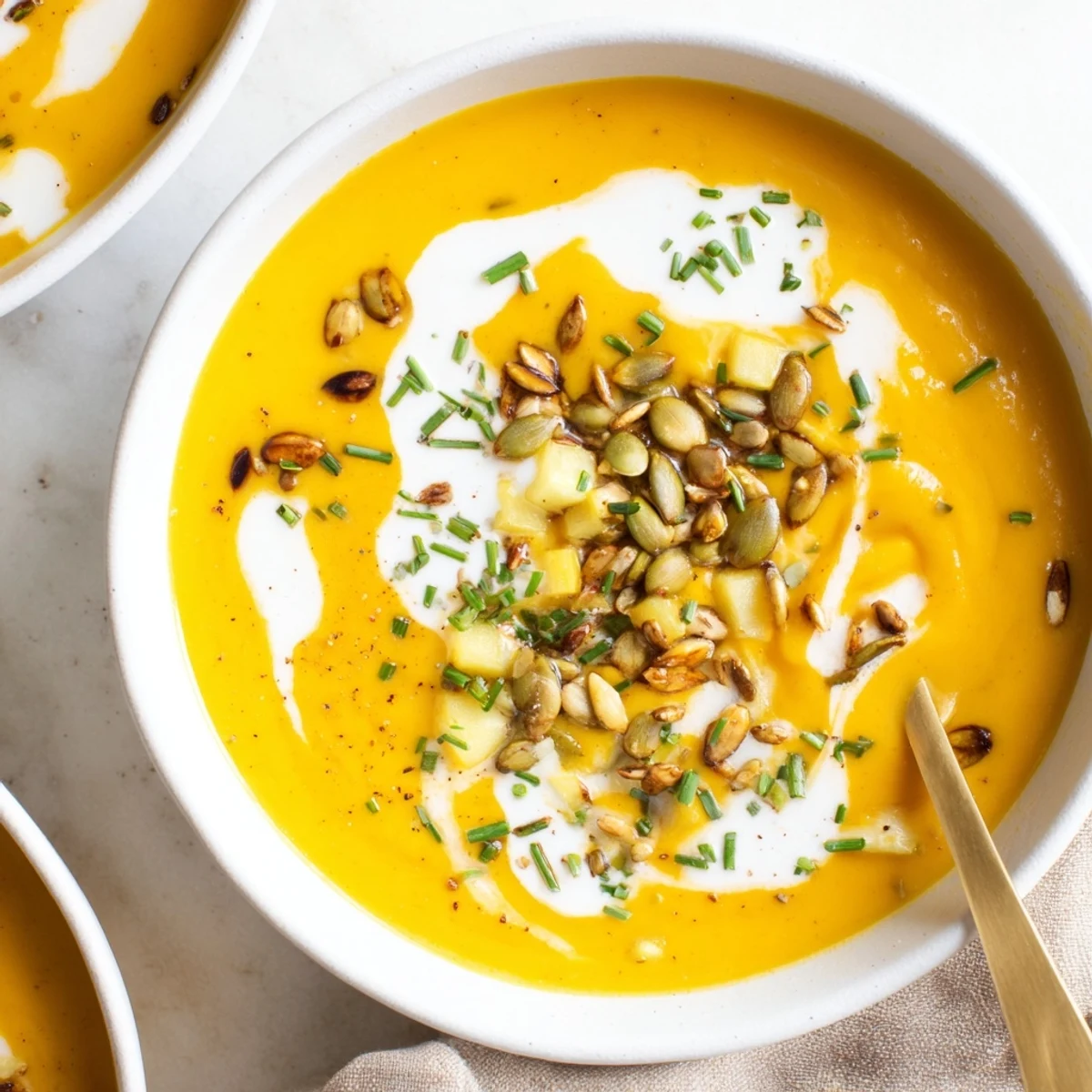 Creamy winter squash soup with apple, swirled with cream, ready to serve with toast.