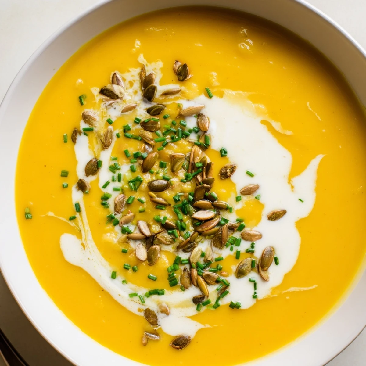 Thick, pureed winter squash soup with apple, garnished with pumpkin seeds, a cozy fall meal.