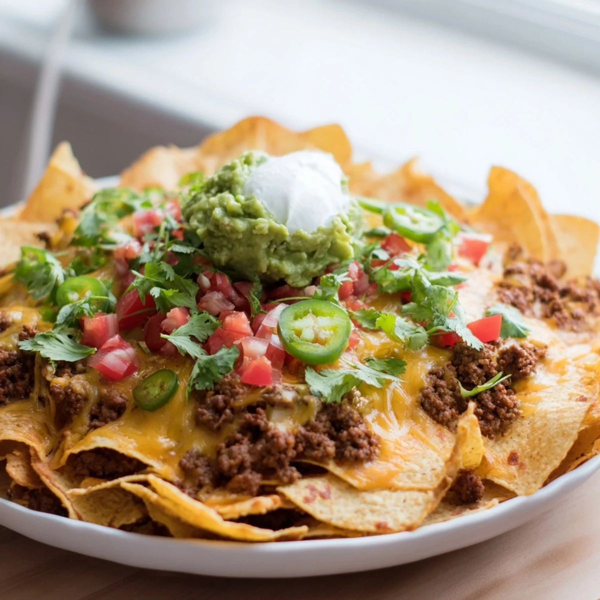 Golden, bubbly cheese blankets beef nachos with jalapenos, served hot from the oven on a platter.