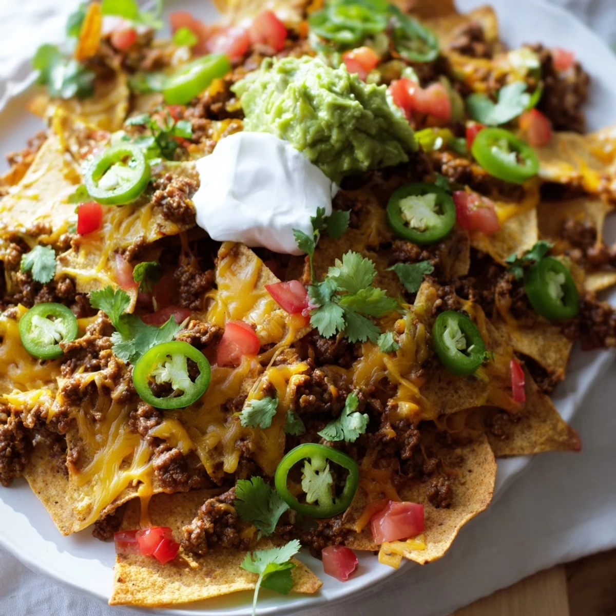 Loaded beef nachos with jalapenos and melted cheese, topped with fresh tomato and spring onions.