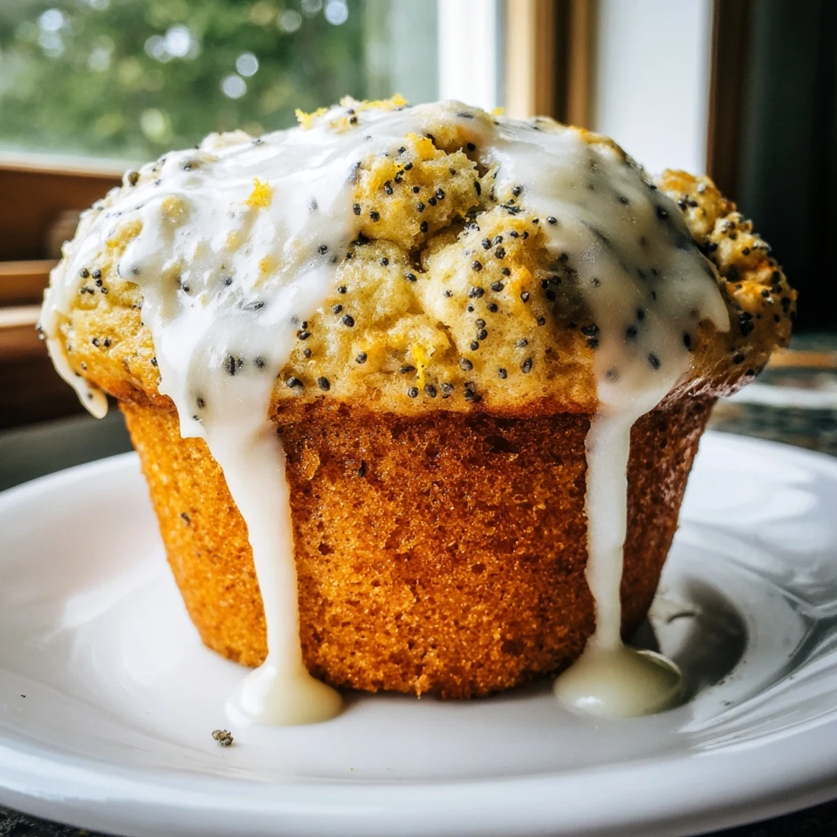 Freshly baked Lemon Poppy Seed Muffins with Lemon Glaze arranged on a wire cooling rack, showing moist crumb texture.