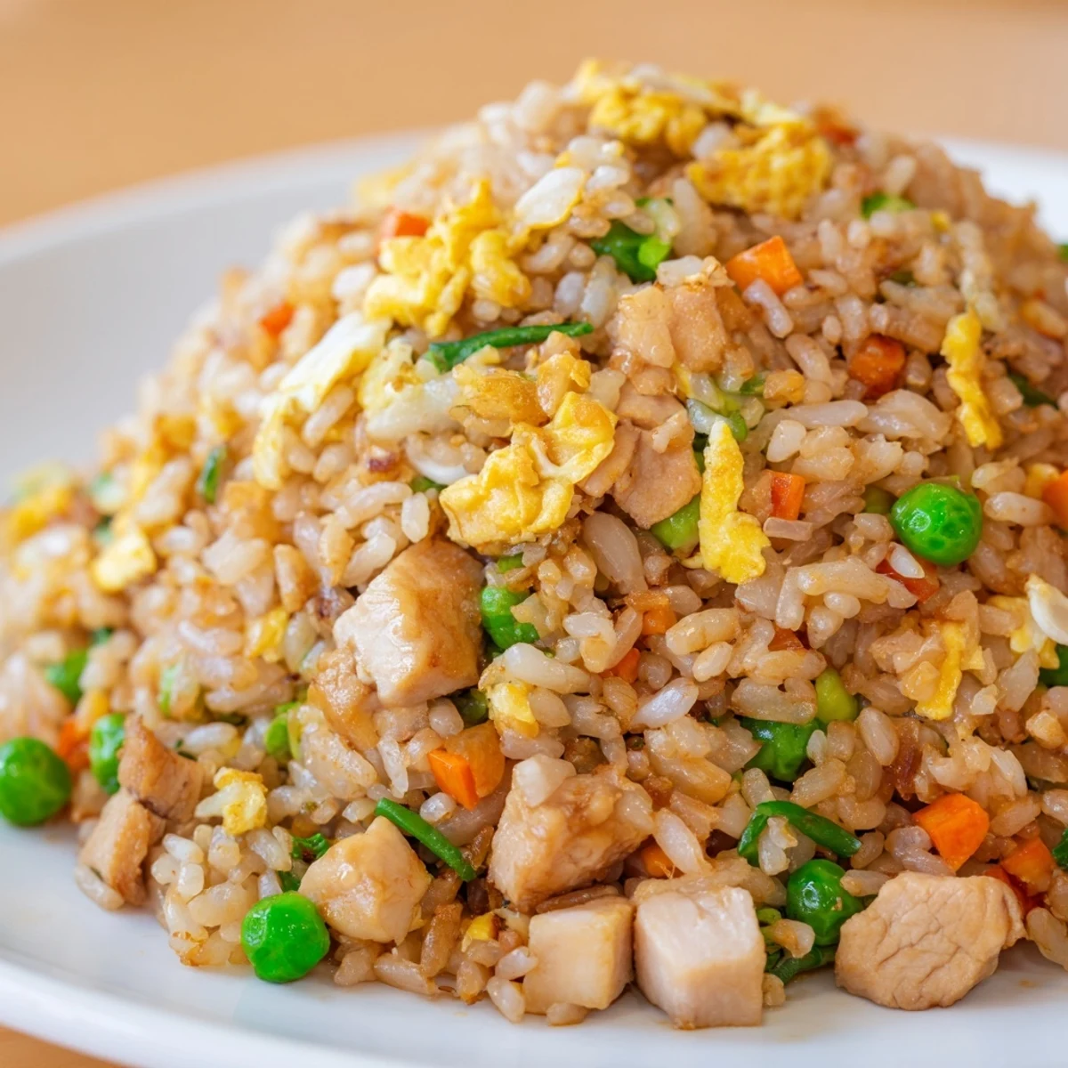 A steaming skillet of Chicken Fried Rice with peas and carrots, showcasing fluffy grains and tender chicken pieces.