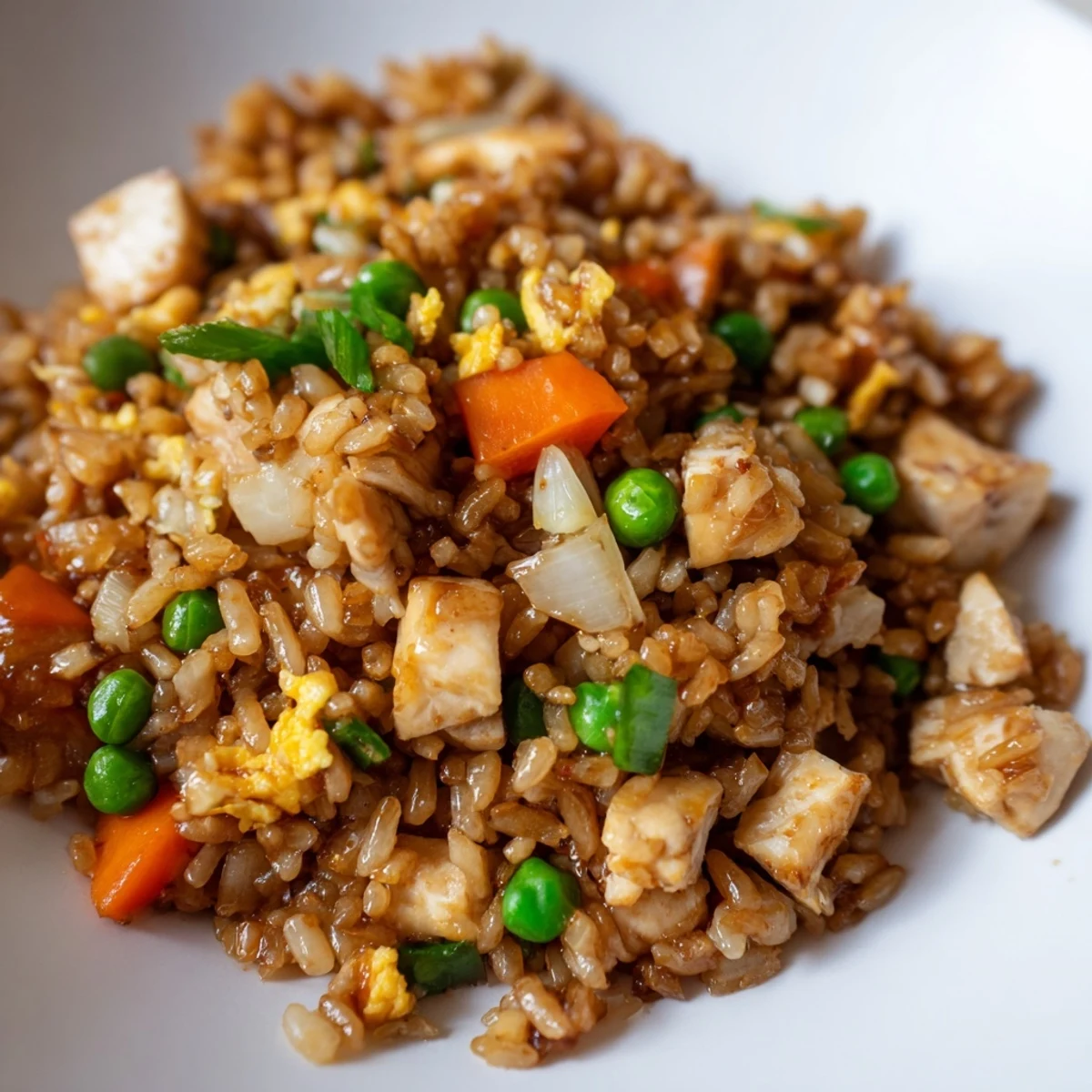 Close-up view of Chicken Fried Rice with peas and carrots, featuring vibrant orange carrots and bright green peas.