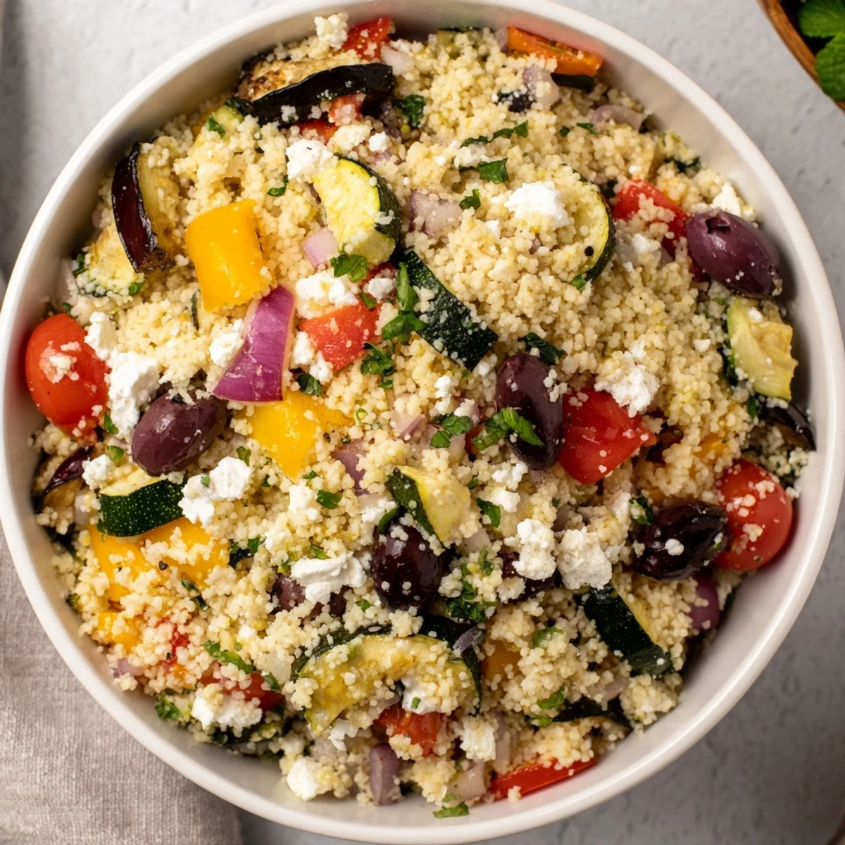 Mediterranean Couscous Salad with Roasted Vegetables, served in a white bowl with crumbled feta and cherry tomatoes.