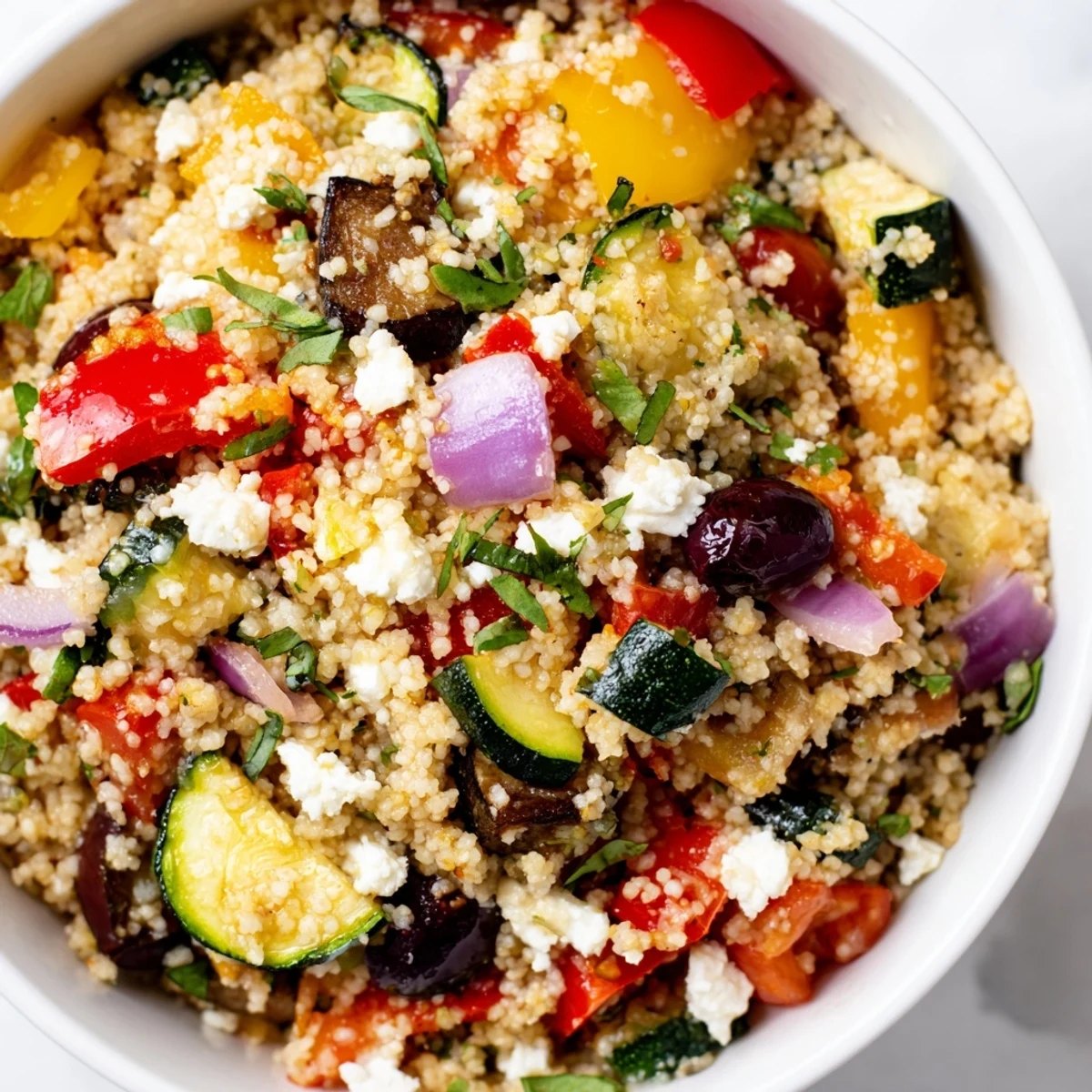 A bright bowl of Mediterranean Couscous Salad with Roasted Vegetables, garnished with fresh herbs and zesty lemon dressing.