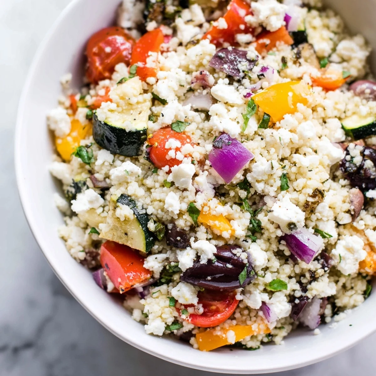 Freshly tossed Mediterranean Couscous Salad with Roasted Vegetables, featuring golden-brown zucchini and bell peppers on a rustic wooden table.