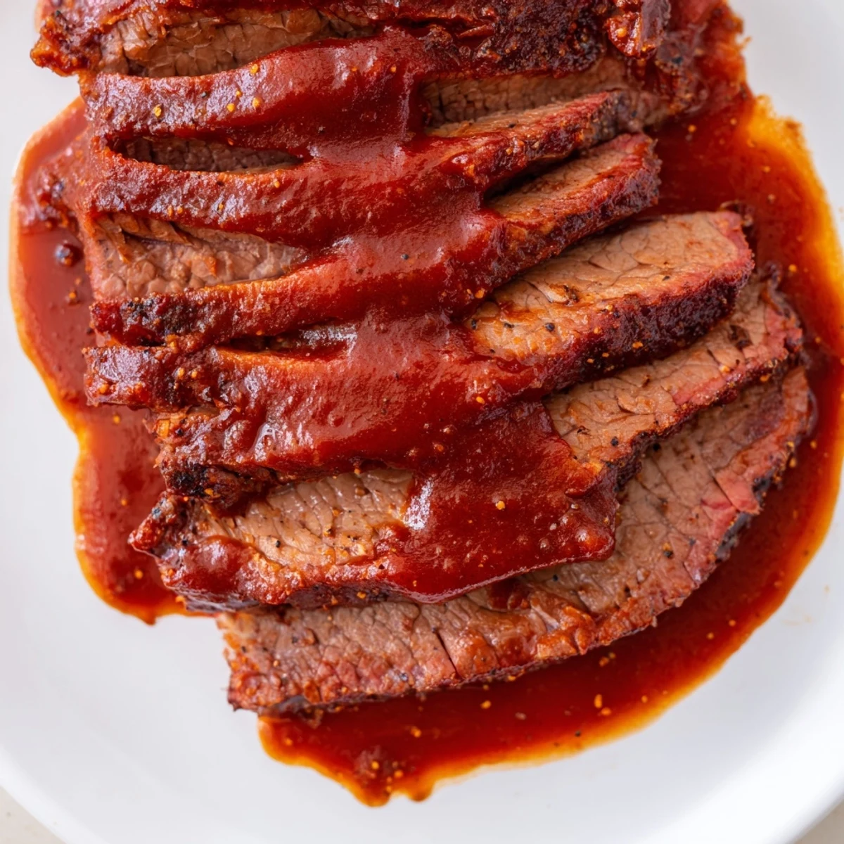 Slow-cooked brisket in rich barbecue sauce on a plate, garnished with parsley for a family-style meal.