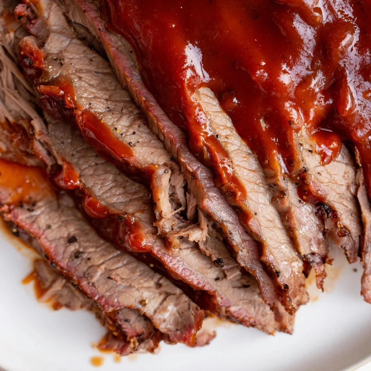 Sliced slow cooker beef brisket with glossy barbecue sauce, ideal for Southern-style dinners or meal prep.