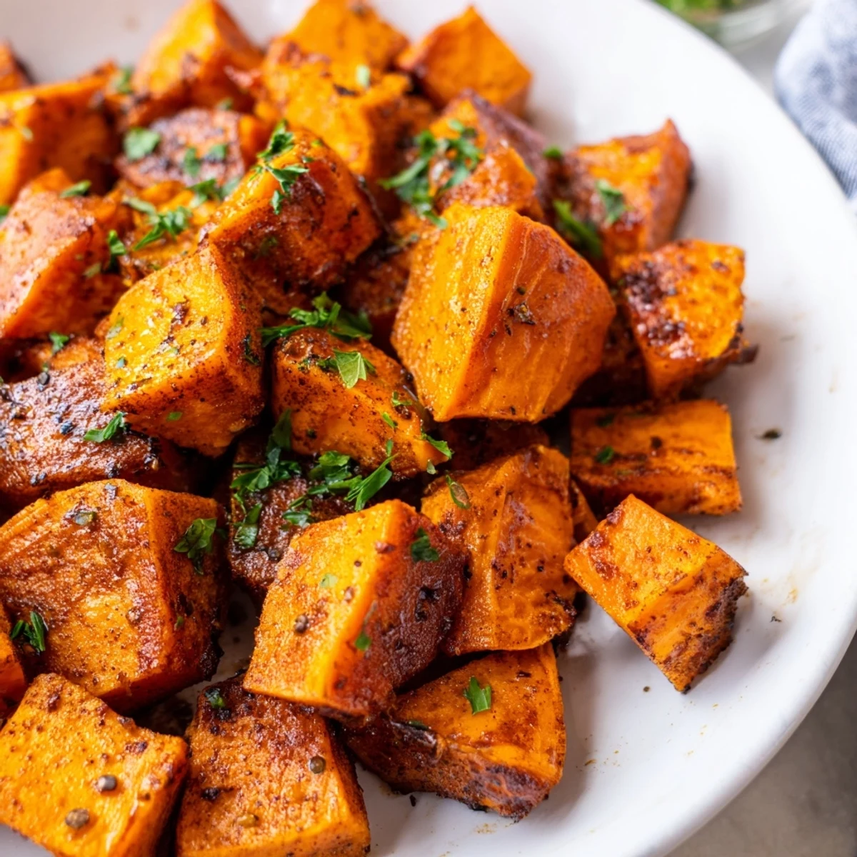 Close-up of Roasted Sweet Potatoes with Cinnamon and Brown Sugar showing tender interiors and a dusting of warm spices.