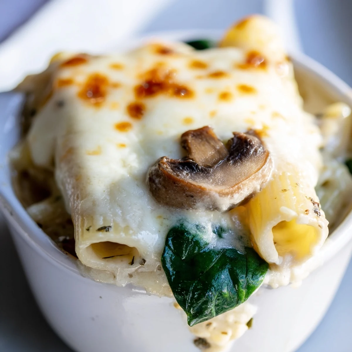 Creamy Mushroom and Spinach Pasta Bake topped with golden, bubbly cheese, fresh baby spinach, and tender sliced mushrooms, served steaming from the oven.