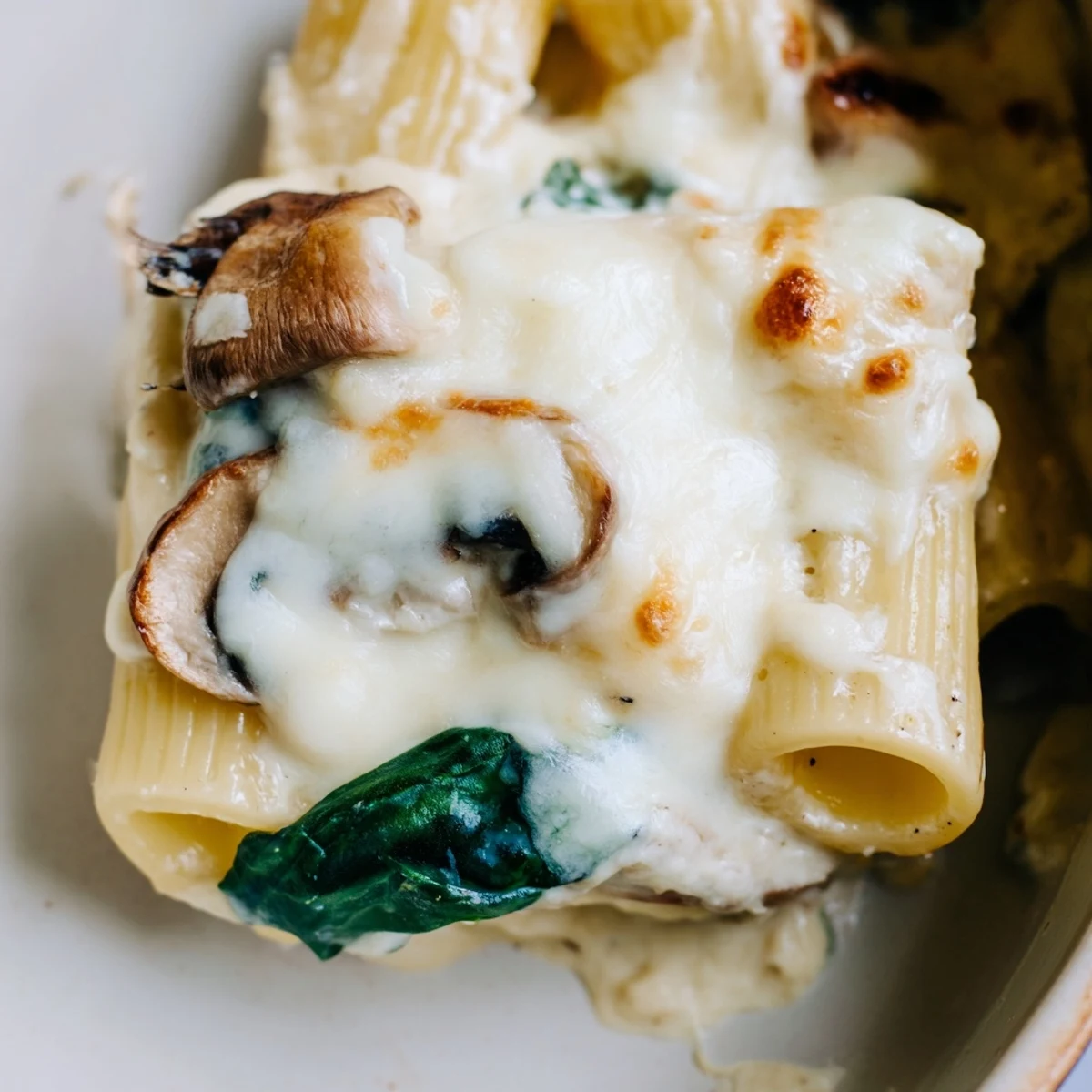 Golden-brown Creamy Mushroom and Spinach Pasta Bake in a ceramic dish, featuring al dente penne pasta coated in a velvety white sauce with herbs.