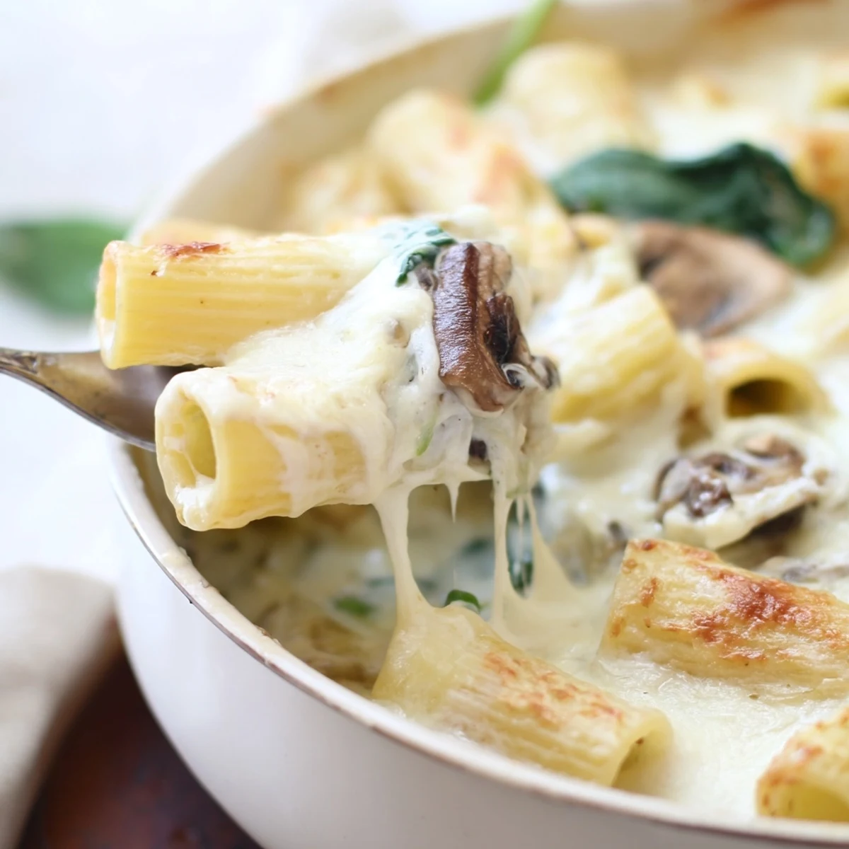Spoon lifting a hearty serving of Creamy Mushroom and Spinach Pasta Bake, revealing a rich, creamy texture and freshly grated Parmesan cheese on top.