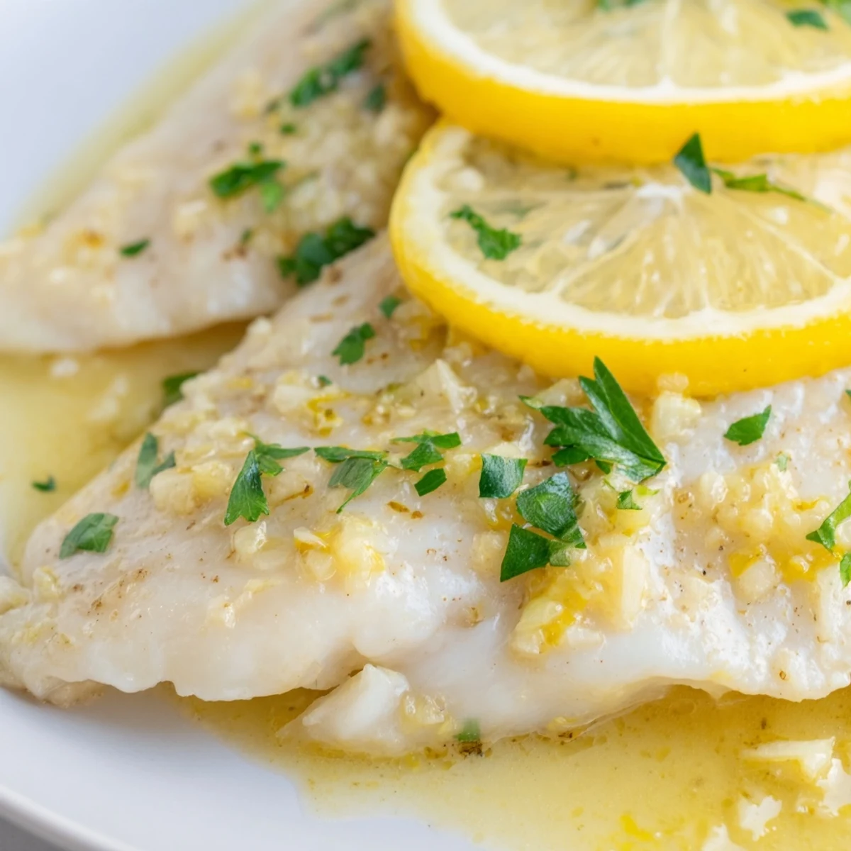 Flaky and tender fillets of Baked Tilapia with Lemon Butter and Garlic served alongside steamed broccoli.