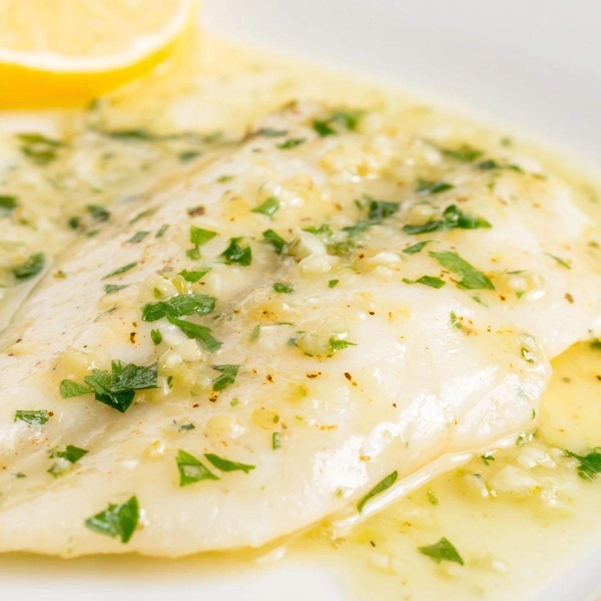Golden brown Baked Tilapia with Lemon Butter and Garlic topped with fresh parsley and lemon slices.