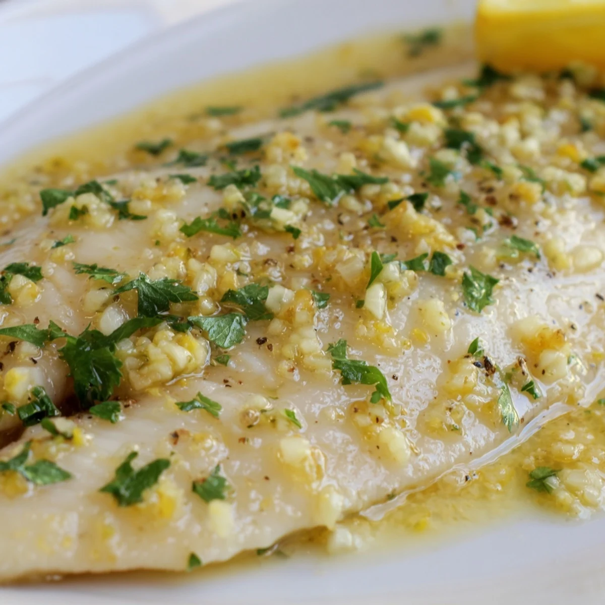 Freshly baked Baked Tilapia with Lemon Butter and Garlic garnished with chopped parsley and lemon wedges.