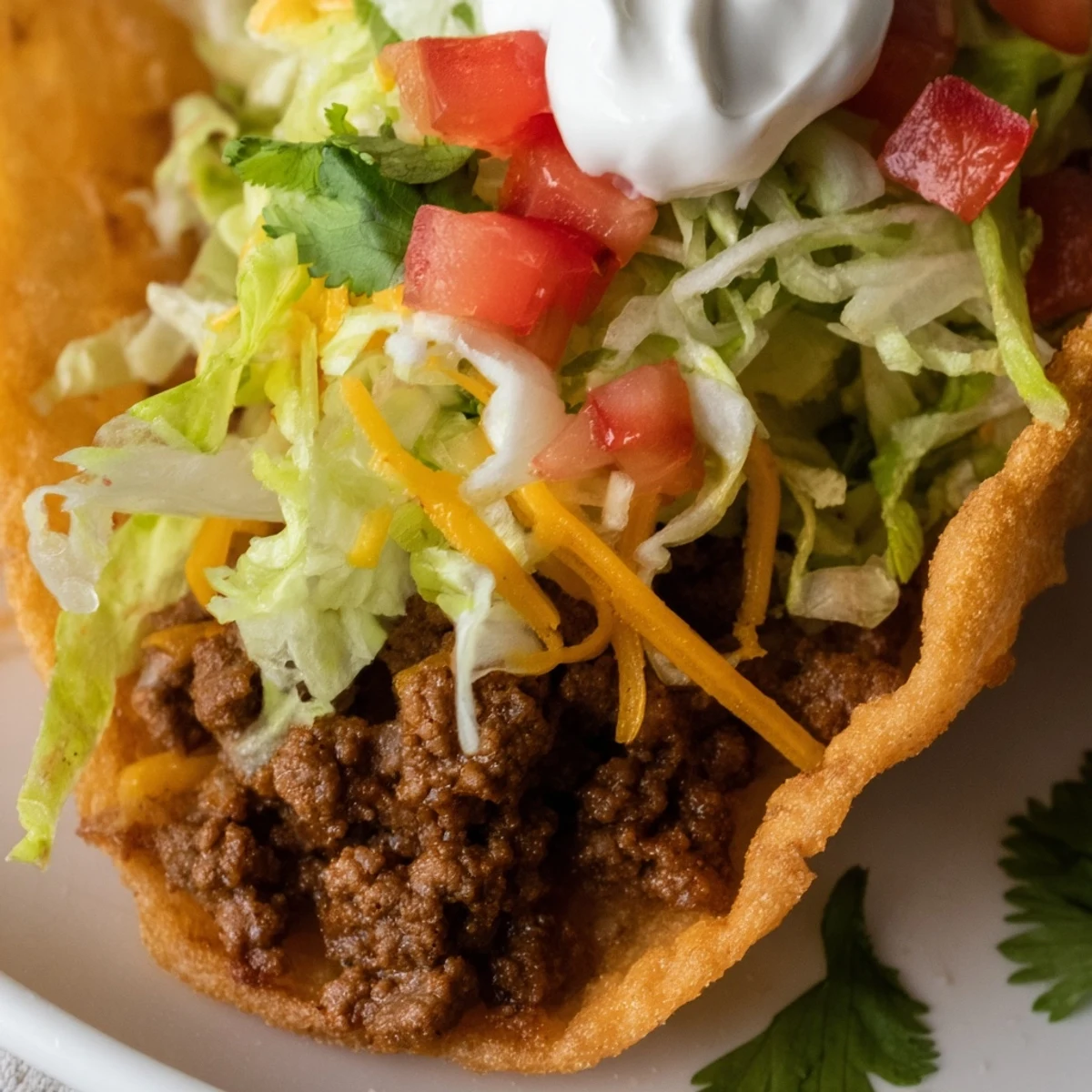 Golden hard-shell Beef Tacos topped with diced tomatoes, sour cream, and fresh cilantro on a rustic plate.