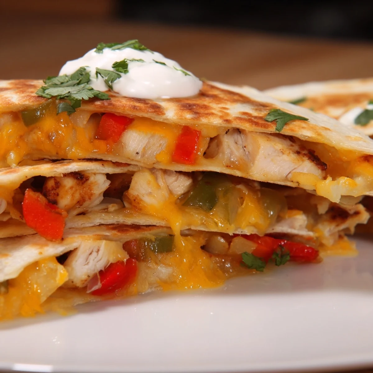 A close-up of melted cheese and savory chicken filling inside crispy Chicken Quesadillas with Peppers and Onions.