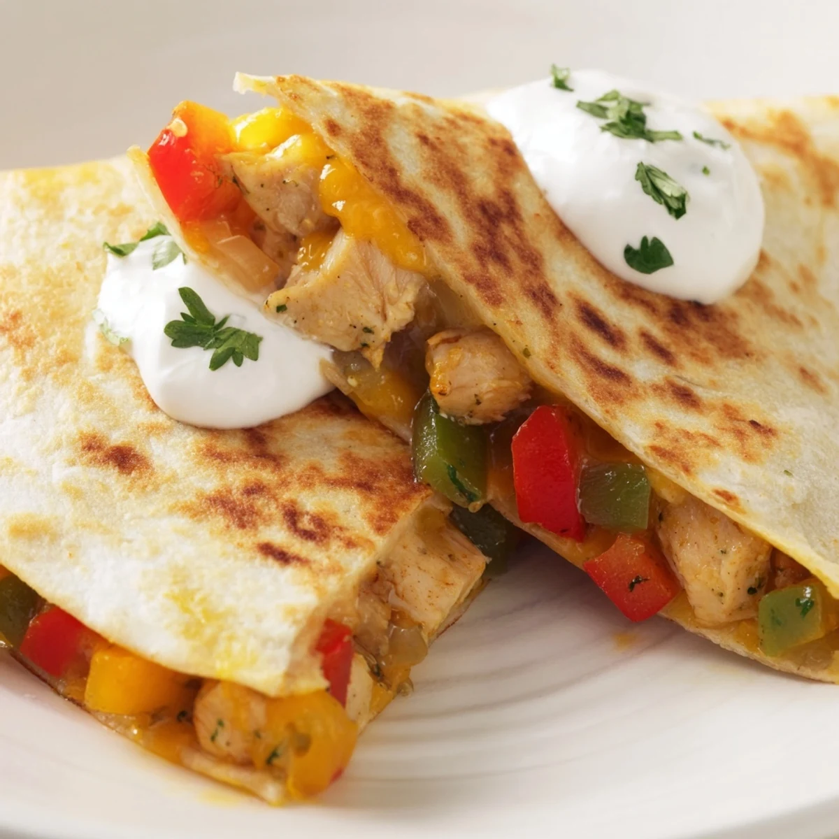 Sizzling Chicken Quesadillas with Peppers and Onions served with guacamole, sour cream, and lime wedges.