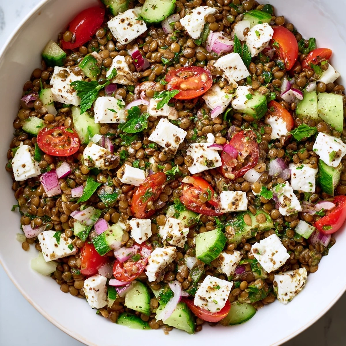 Freshly cooked lentils, diced vegetables, and crumbled feta cheese tossed in a zesty lemon-oregano dressing for a vibrant Mediterranean salad.