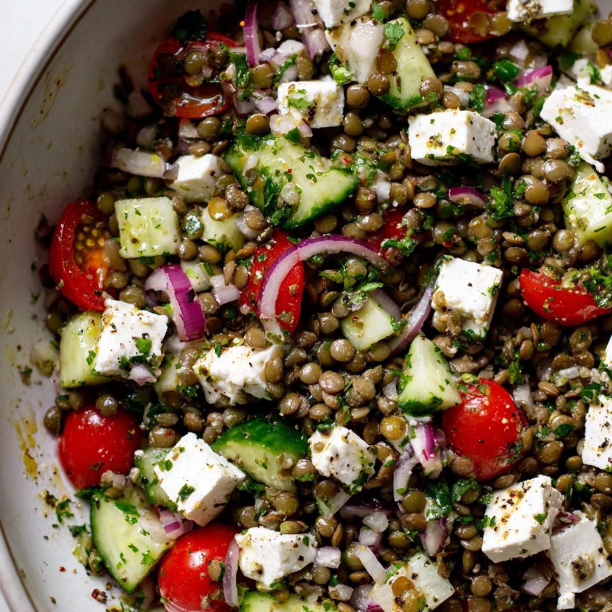Colorful Mediterranean Lentil Salad with Feta Cheese served chilled in a white bowl, garnished with fresh parsley and bright lemon wedges.