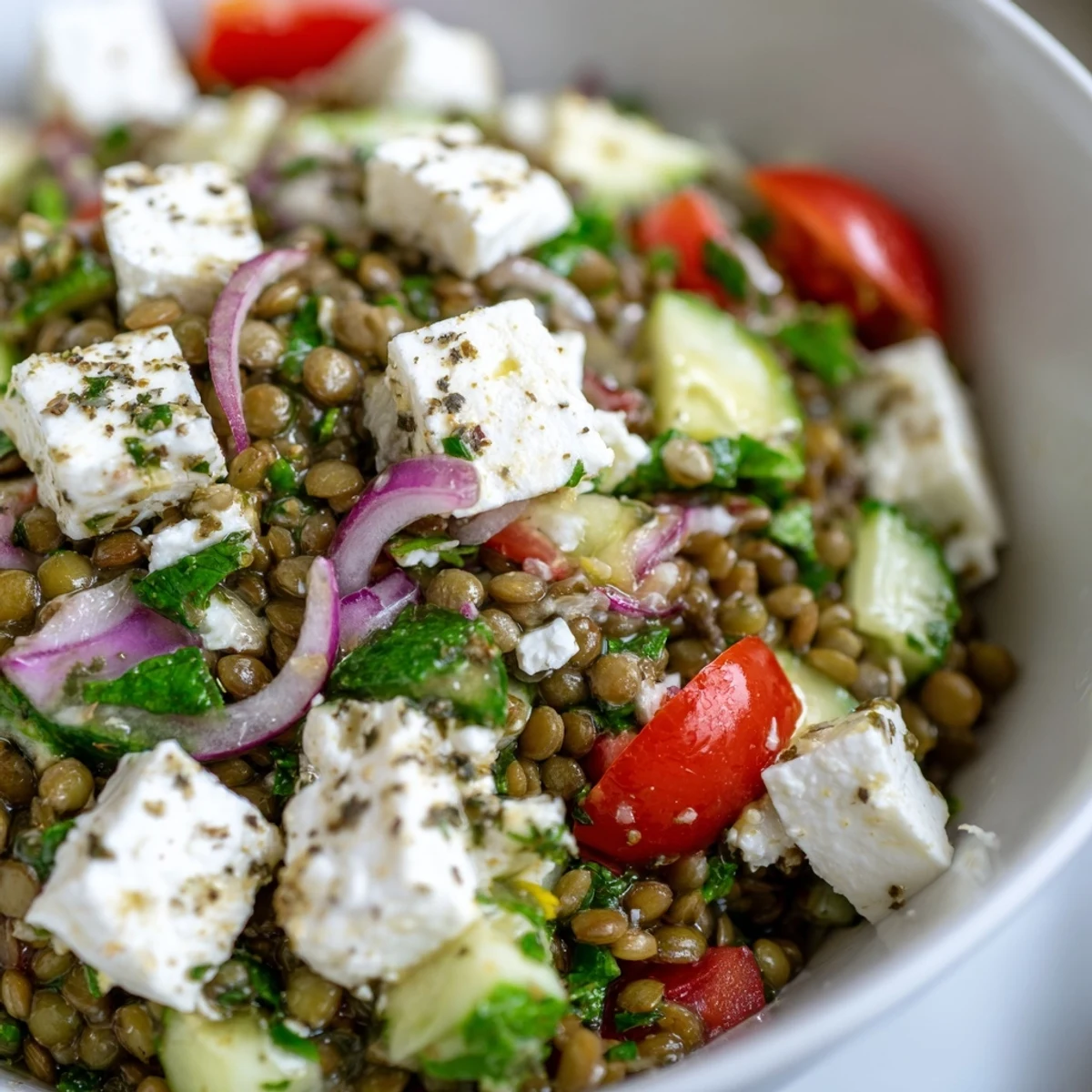 A close-up of Mediterranean Lentil Salad with Feta Cheese highlighting the crumbled cheese, red bell peppers, and a glossy herb dressing.