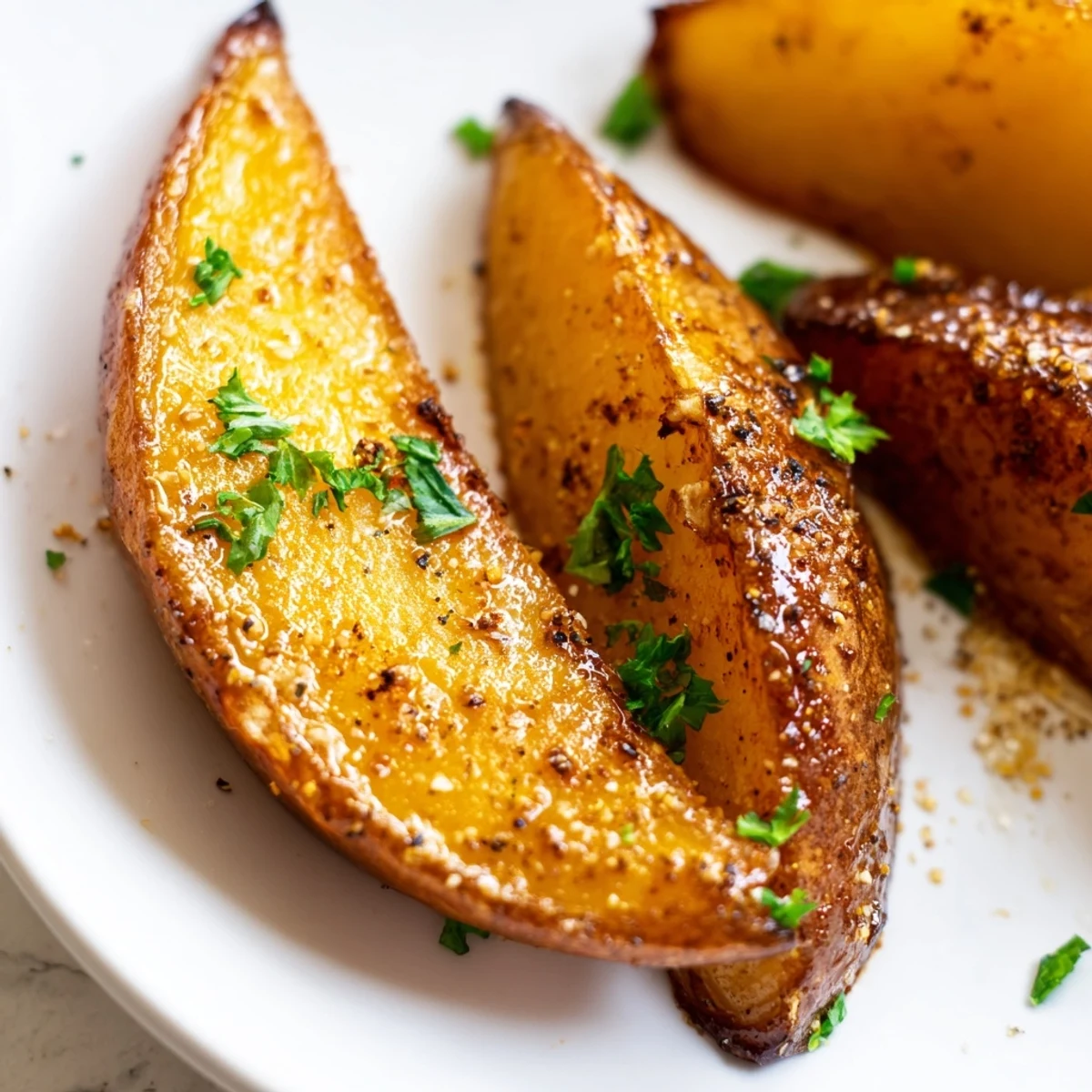 Golden brown Crispy Oven Baked Potato Wedges with Herbs showing crispy edges and fluffy centers, served alongside creamy aioli dipping sauce.