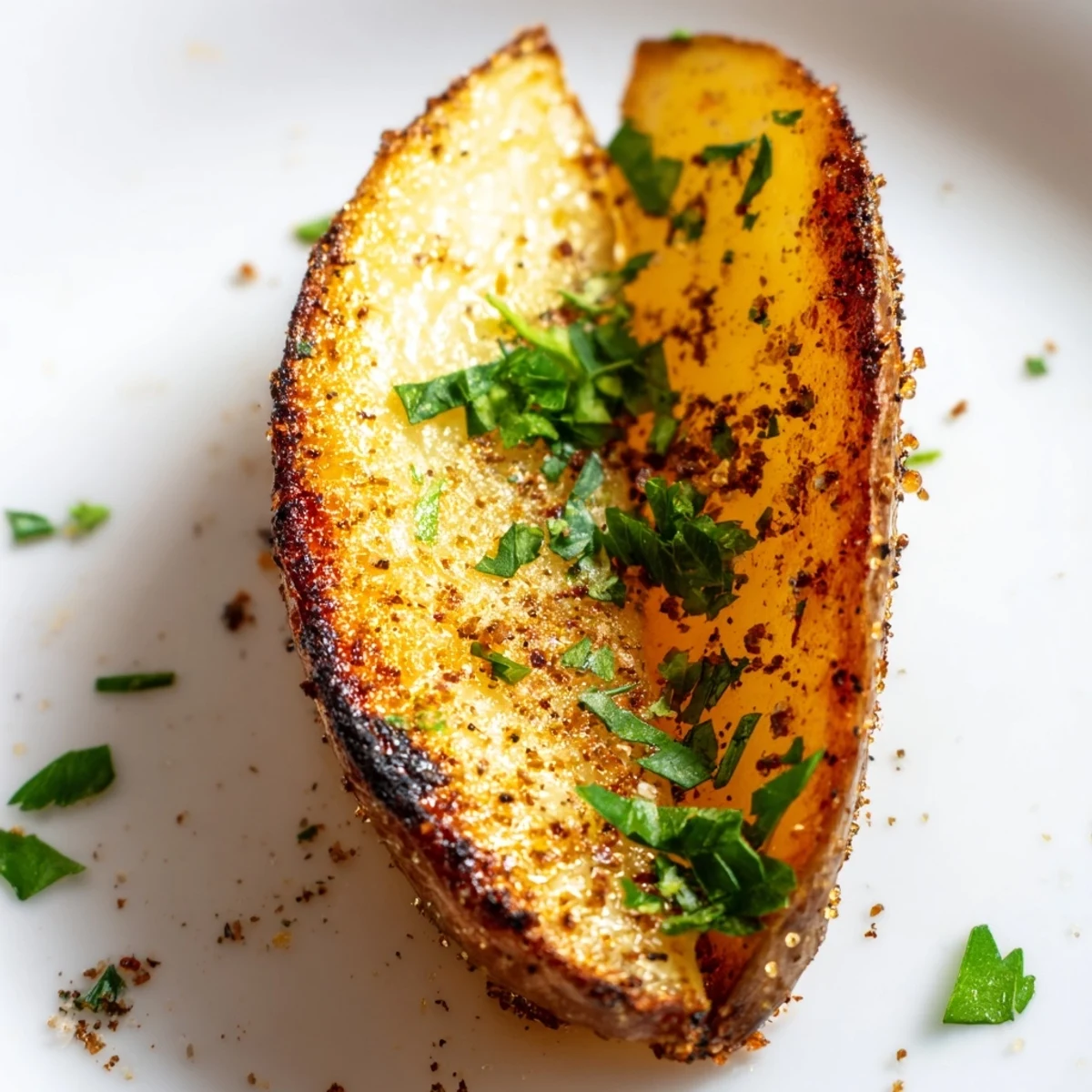 Freshly baked Crispy Oven Baked Potato Wedges with Herbs arranged on a wooden platter, garnished with chopped parsley and a small bowl of ketchup.