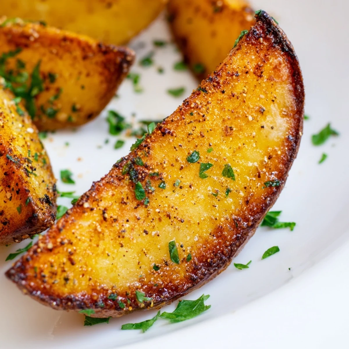 Seasoned Crispy Oven Baked Potato Wedges with Herbs on a rustic baking sheet, steam rising from the golden potato slices.