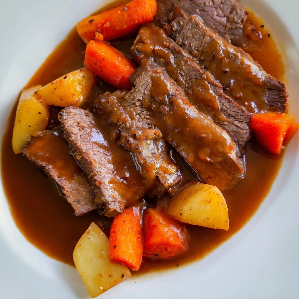 Golden brown pot roast with potatoes and carrots sits in a slow cooker, garnished with fresh thyme.
