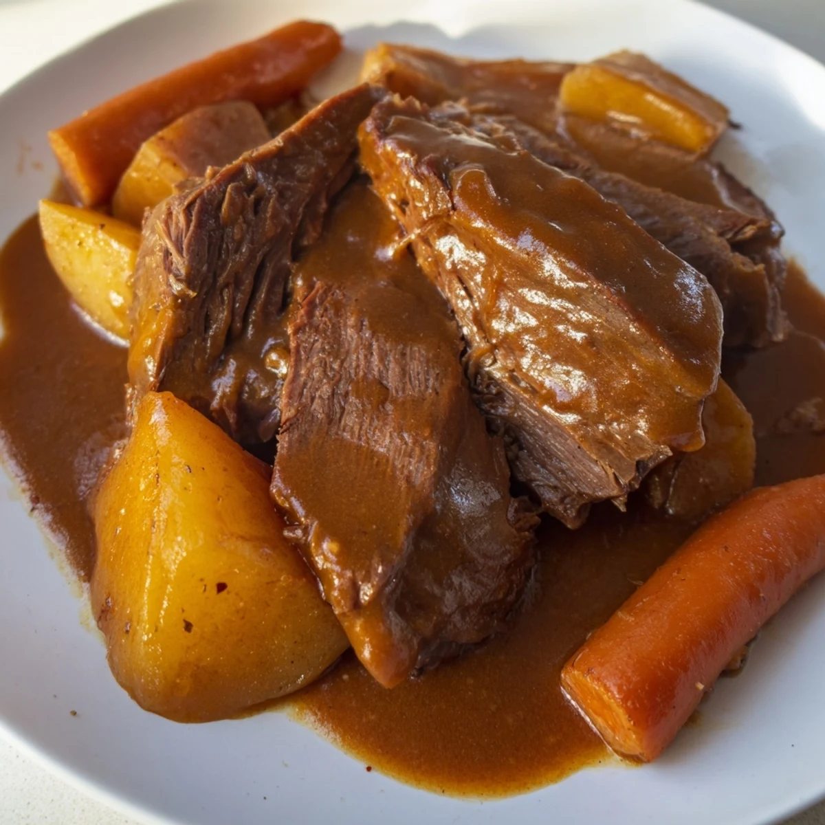 Tender beef and roasted vegetables in Slow Cooker Pot Roast with Carrots and Potatoes steams in a rustic setting.