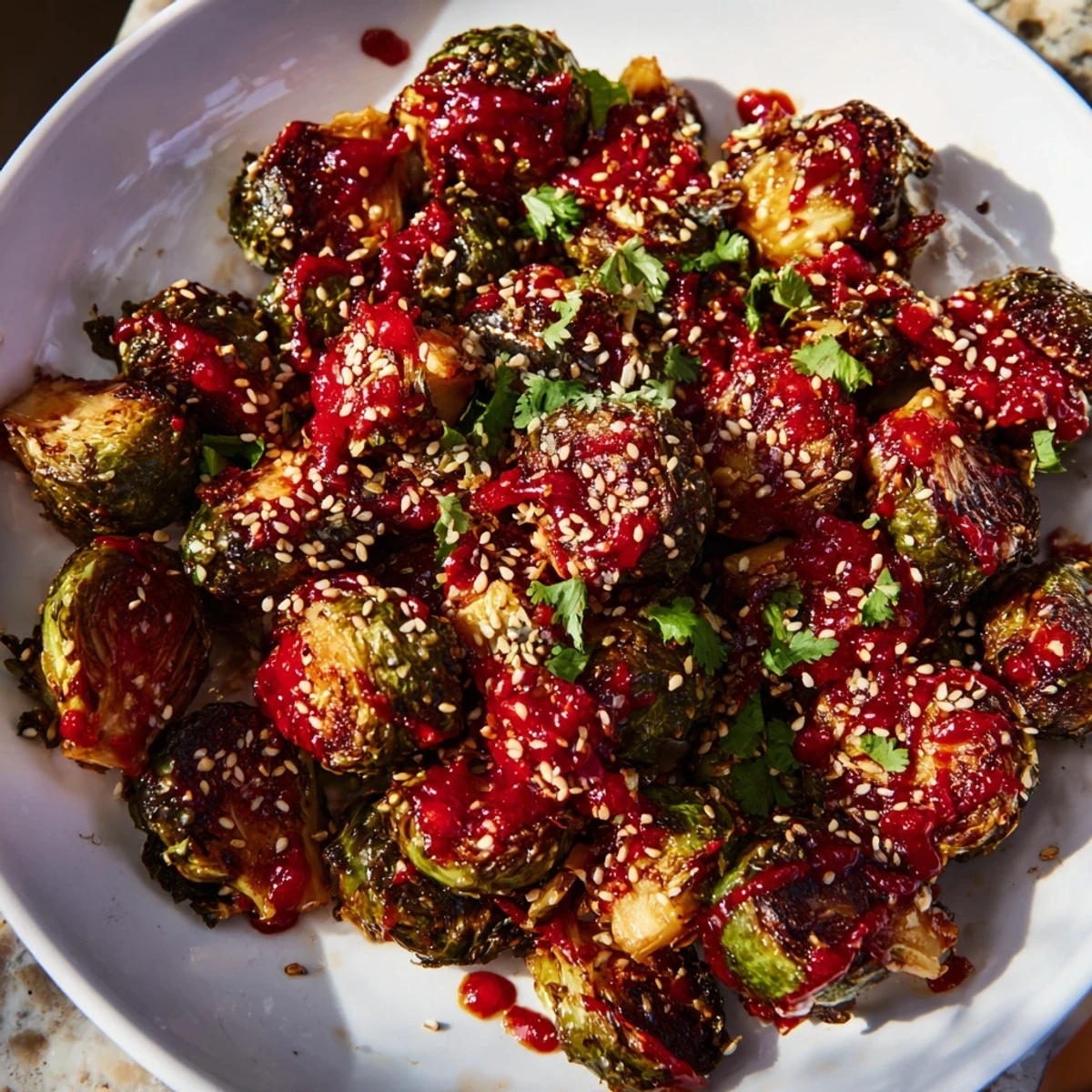 Golden roasted Brussels sprouts glistening with honey Sriracha glaze on a serving dish.