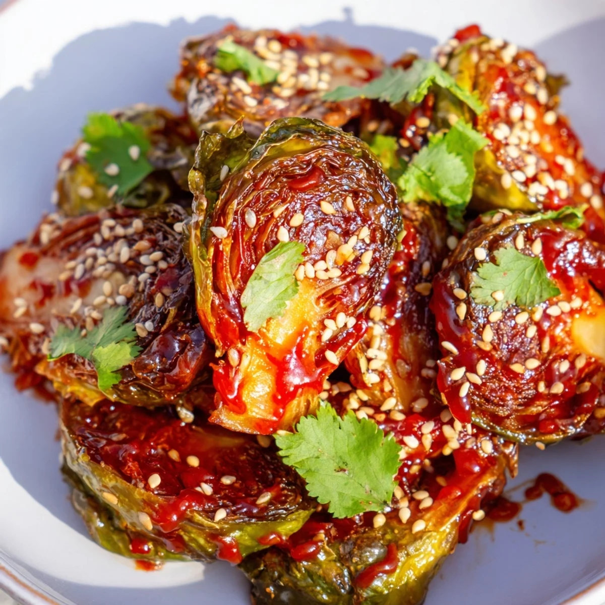 Easy vegetarian side dish of crispy Roasted Brussels Sprouts with Honey Sriracha glaze.