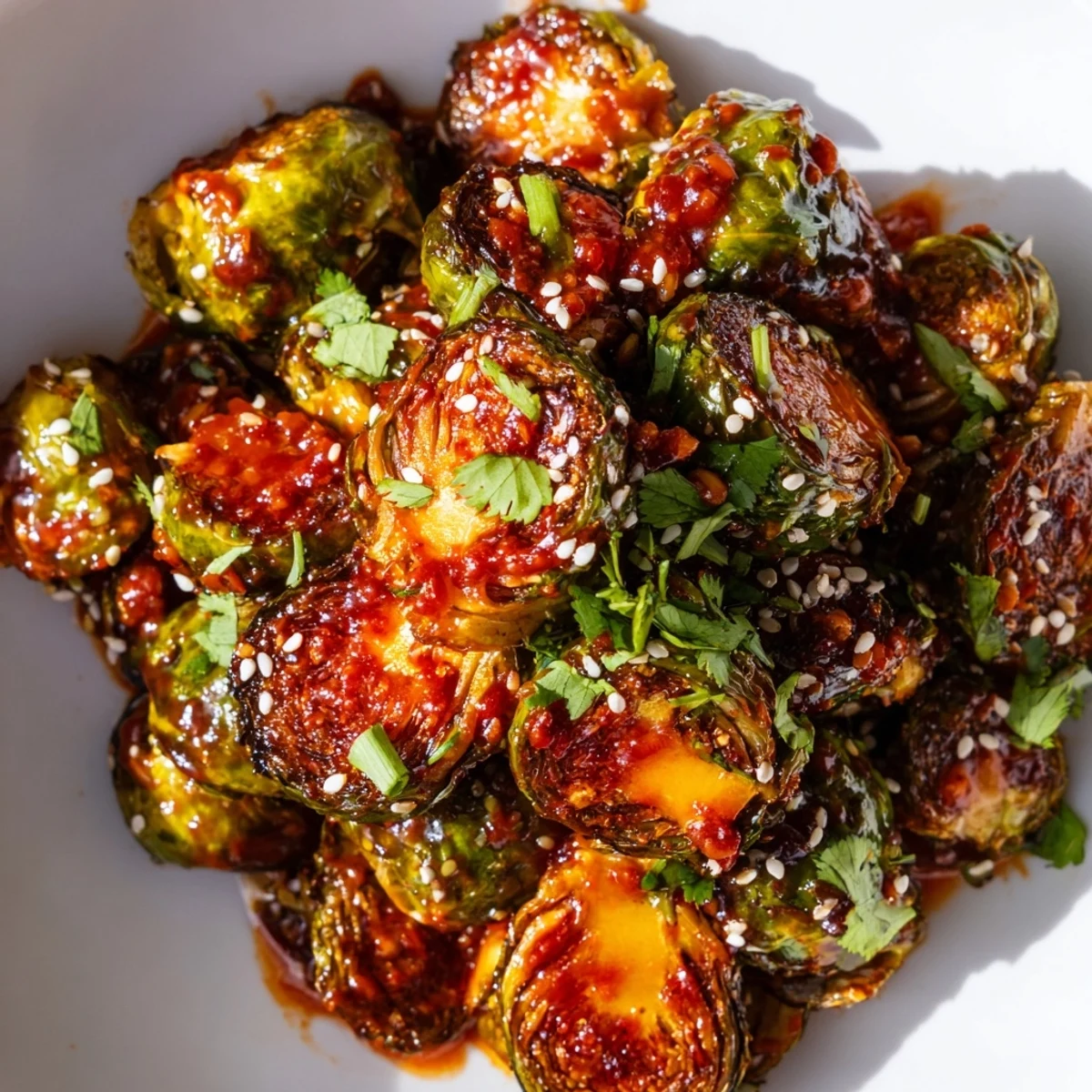 Roasted Brussels Sprouts with Honey Sriracha tossed with sesame seeds and cilantro.