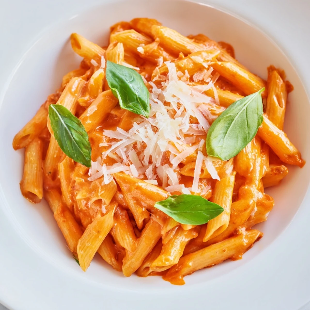 Creamy Tomato Basil Pasta with Parmesan served steaming in a white bowl with fresh basil and grated cheese.