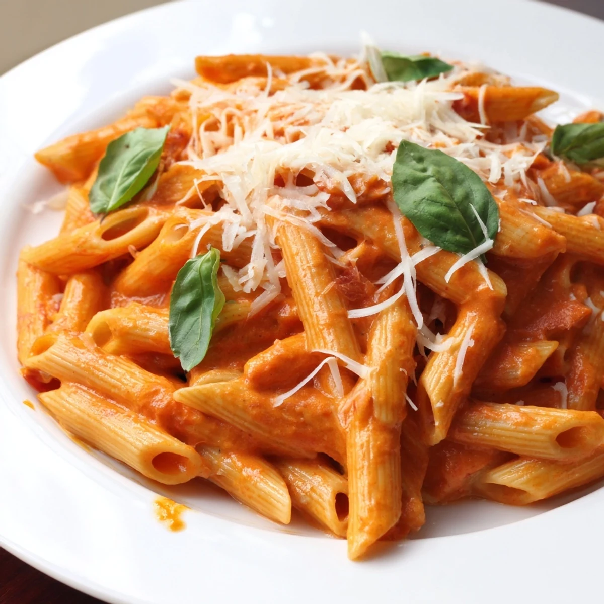 A plate of Creamy Tomato Basil Pasta with Parmesan garnished with basil, beside a wine glass.