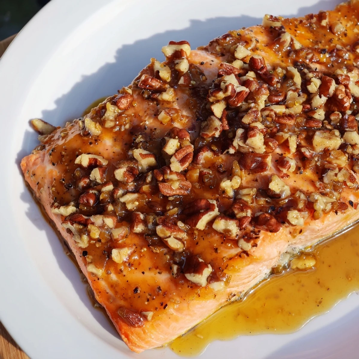 Golden-brown Baked Salmon with Maple Glaze and Pecans fresh from the oven on a plate.
