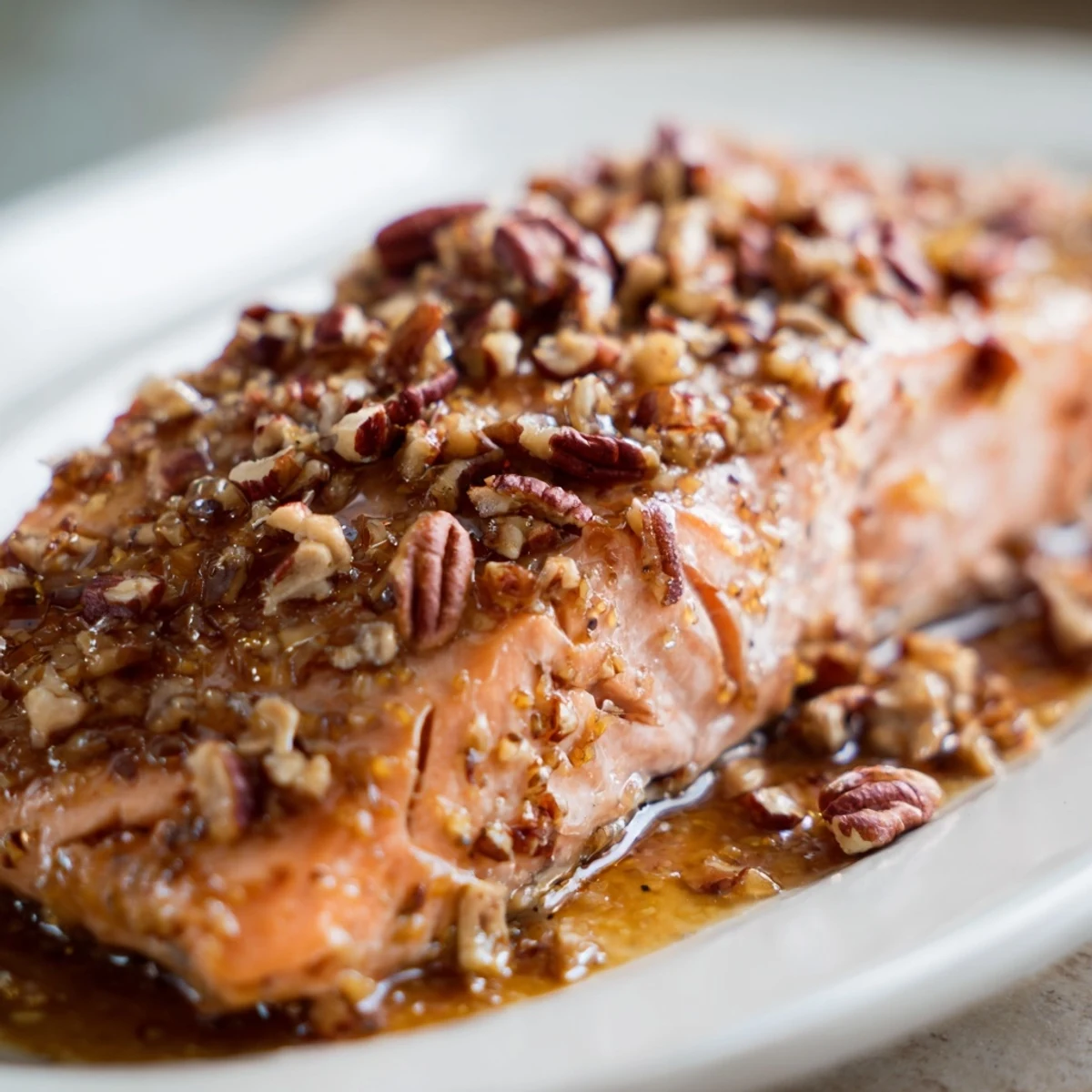 Baked Salmon with Maple Glaze and Pecans resting on a baking sheet with parchment.