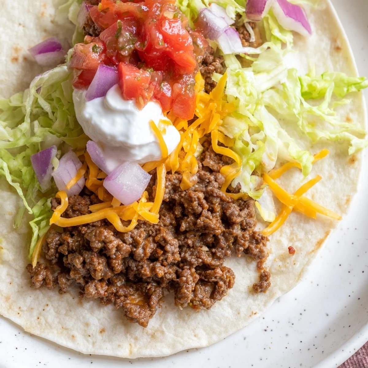 Soft flour tortillas filled with spiced beef, fresh salsa, lettuce, and cheddar on a rustic table.